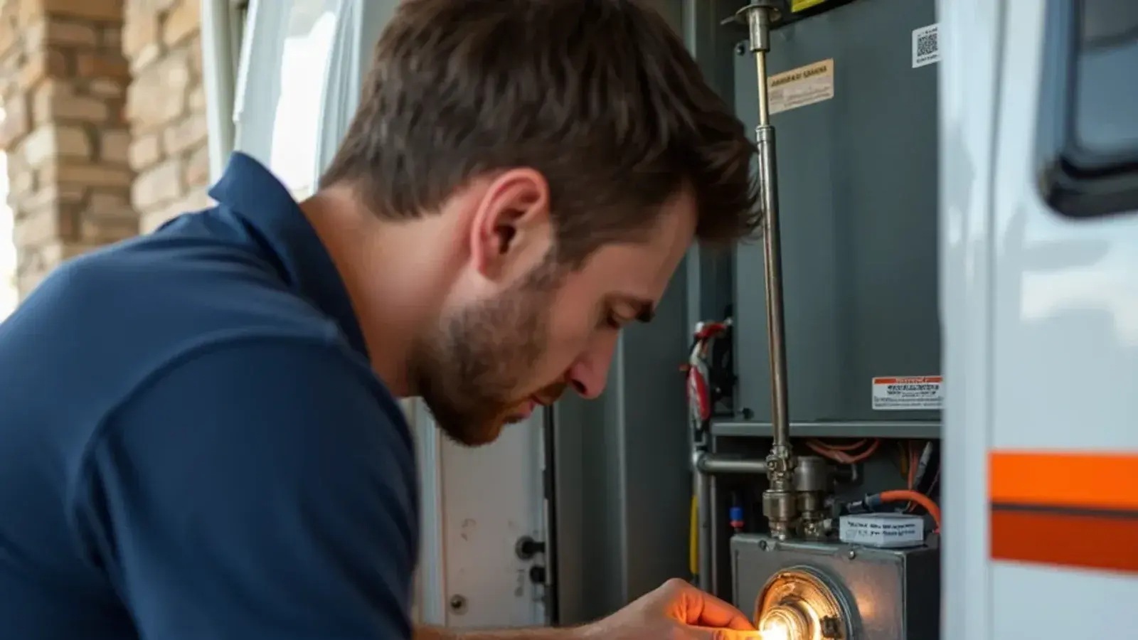 HVAC service technician replacing a hot surface igniter inside a gas furnace cabinet in a Killeen home