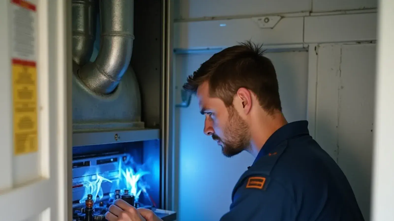 HVAC technician inspecting gas furnace burners with an inspection mirror in a Killeen home
