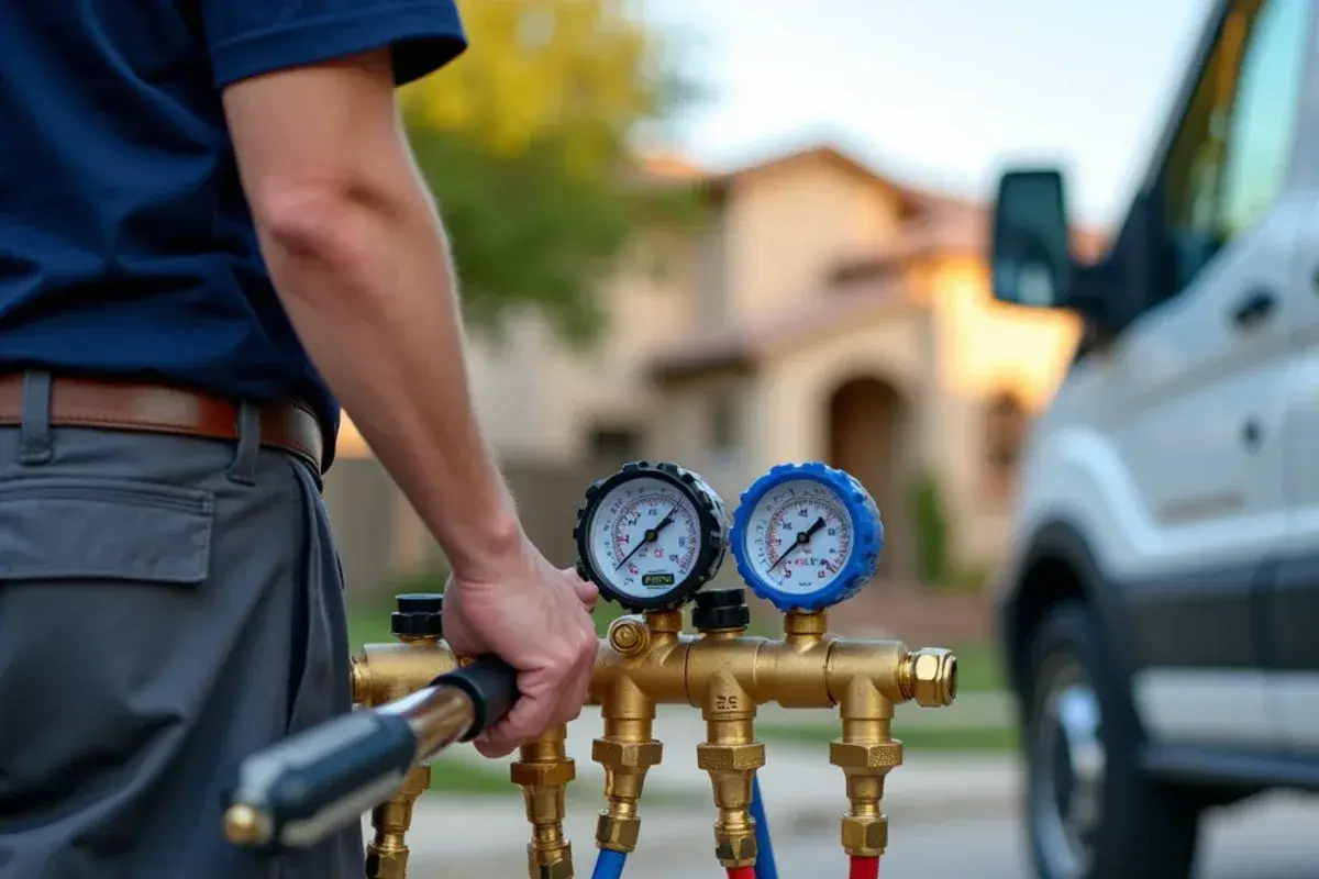 Digital refrigerant manifold gauges connected to outdoor AC service valves checking subcooling and superheat