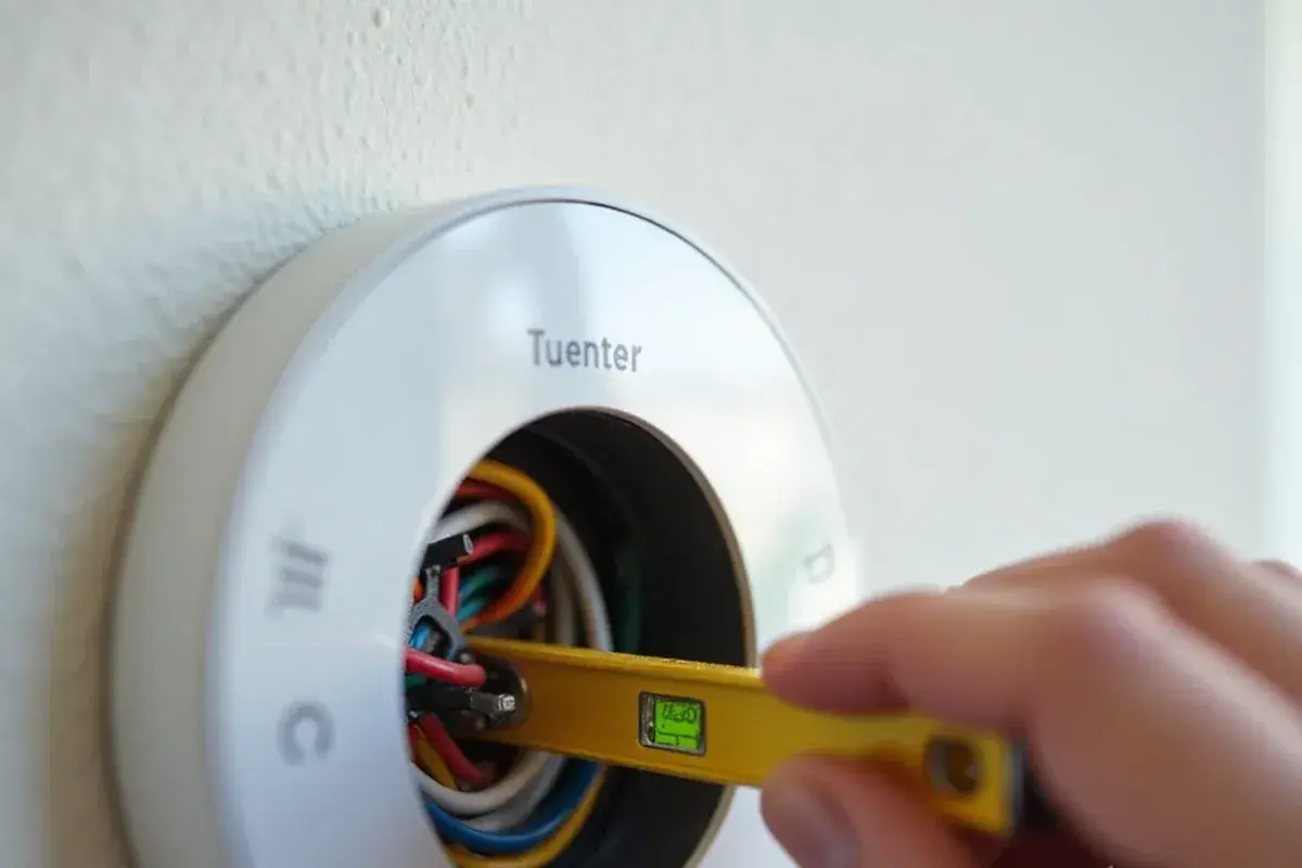 Connecting low-voltage thermostat control wires to a modern wall baseplate with a level