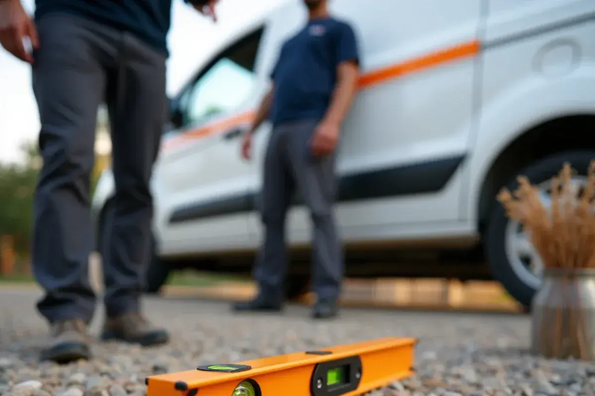 Checking level on an elevated composite equipment pad before setting a new outdoor heat pump unit